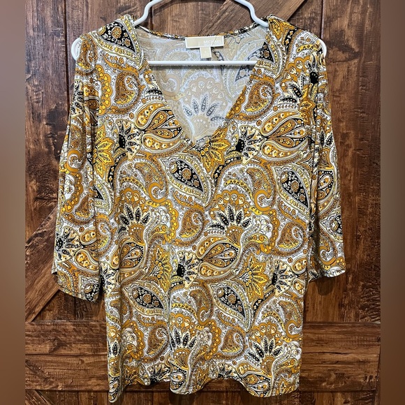 Michael kors Womens yellow black paisley print top flowy 1/2 sleeve floral sz sm - Picture 1 of 4